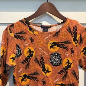 Witchy Halloween Shirt Women Size Small Orange Broomsticks Black Cats Sequins